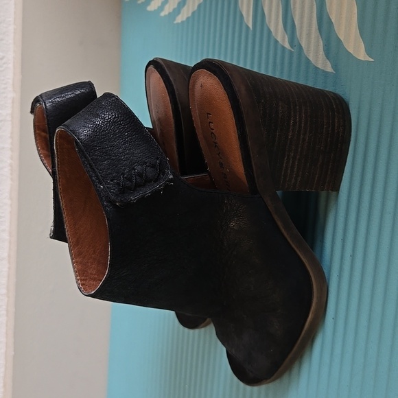Lucky brand Odenah black leather open toe Block Heel Velcro Closure Shoes Spring - Picture 3 of 12